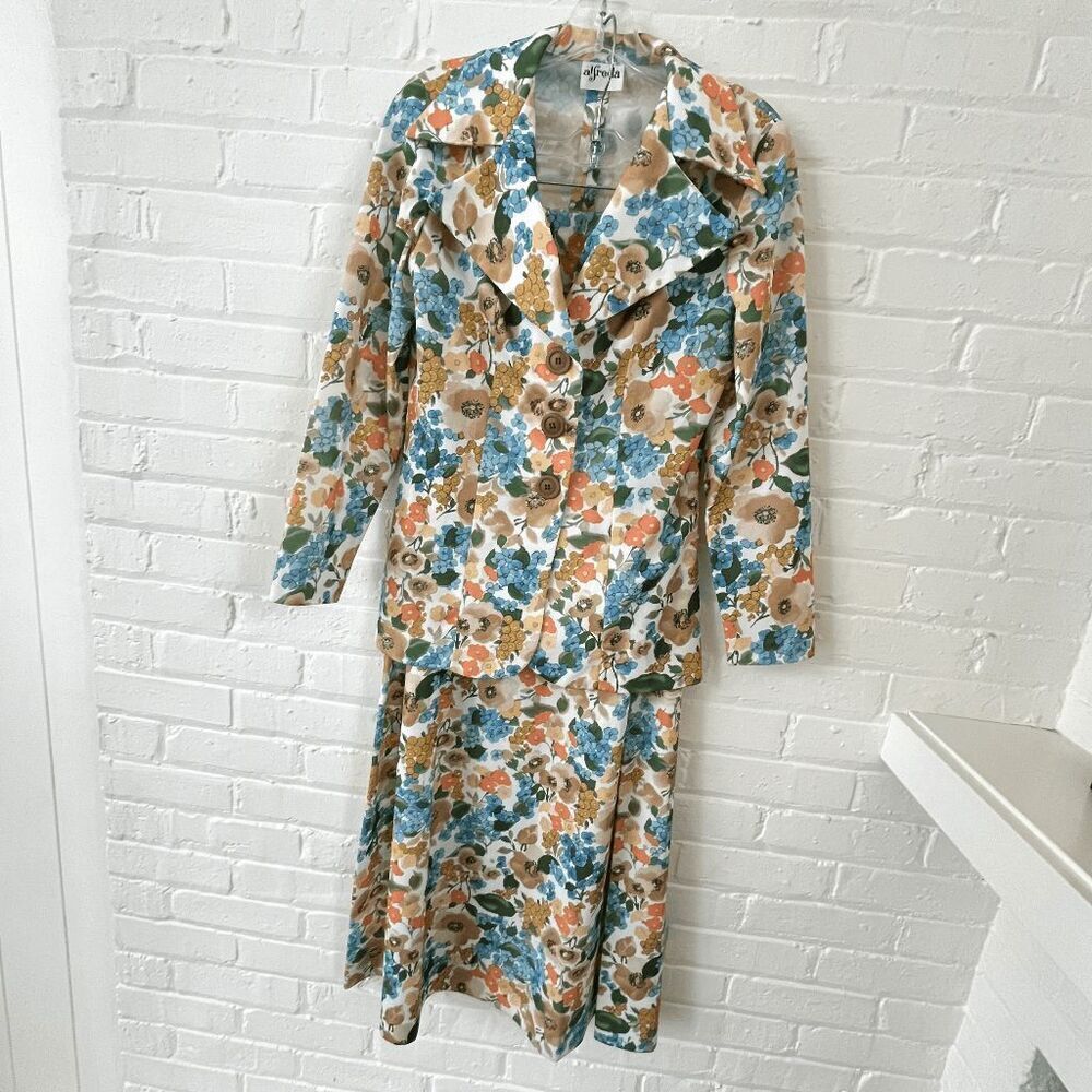 VTG 70s Alfreda Floral Blazer Skirt Suit Set Prairie Cottagecore Boho S/M